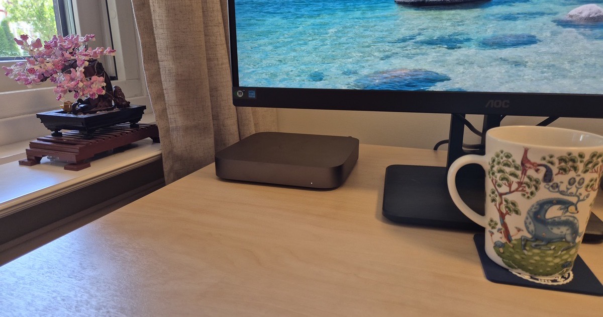 Erik — a Mac Mini on a wooden desk, with a folk-art mug on a coaster to the right and a pink bonsai by the window on the left
